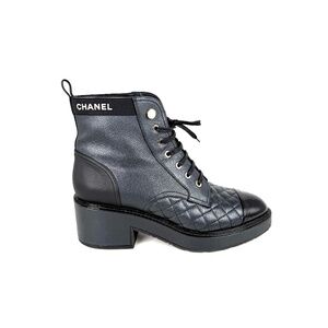 CHANEL Cap Toe Faux Pearl Black Quilted Block Heel Combat Ankle Boots